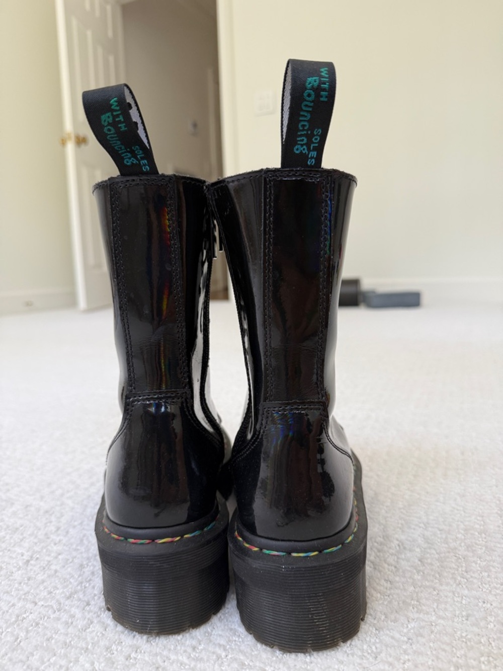 Dr. Martens Black Iridescent Patent Lace-Up Platform Boots Rainbow Stitching - Picture 4 of 7